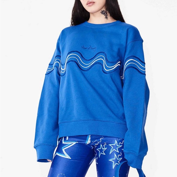 House of Sunny Make it Rain Sweatshirt in vivid royal blue w/ abstract wave - Picture 1 of 12